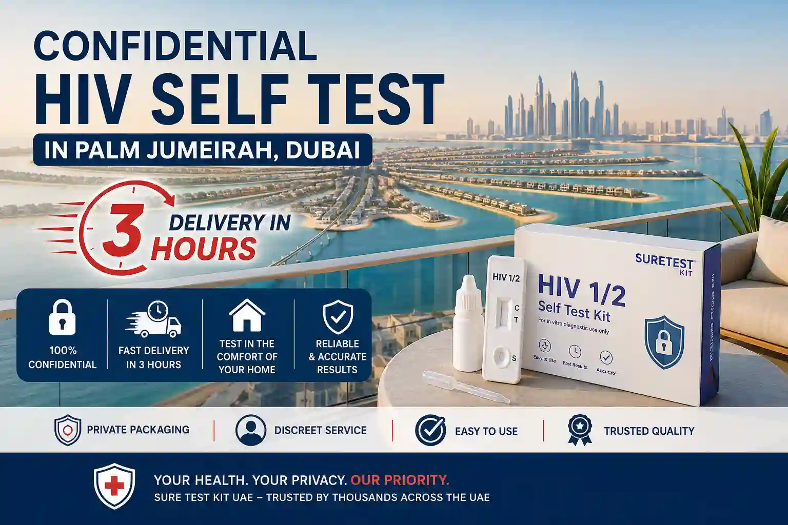 Confidential HIV Self Test in Palm Jumeirah, Dubai – Delivery in 3 Hours